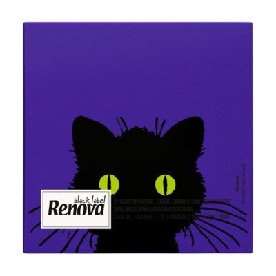 Guardanapo de papel roxo com ilustração de gato preto e olhos verdes