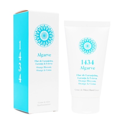Creme de mãos 1434 Algarve com embalagem branca e azul com texto e símbolo circular azul.