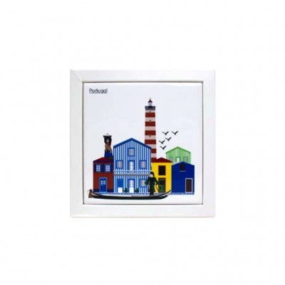 Quadro com ilustração de casas e farol em moldura branca