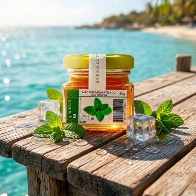 Frasco pequeno de néctar aromatizado com menta com folhas de menta e cubos de gelo ao lado sobre madeira perto de água azul