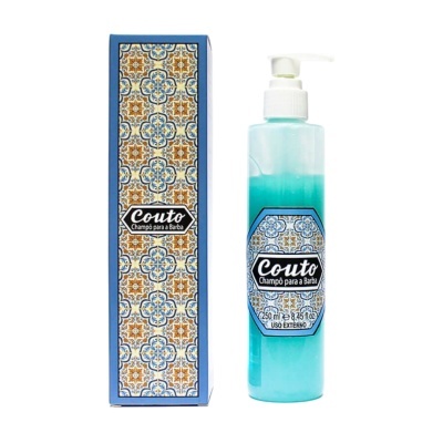 Champô para a barba Couto em garrafa azul com caixa decorada com padrão azulejo