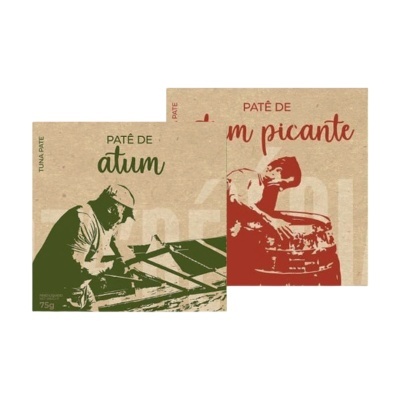 Embalagens de paté de atum e paté picante com ilustrações de pescadores.