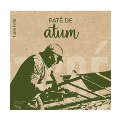 Embalagem de patê de atum reciclado com ilustração de pescador em verde.