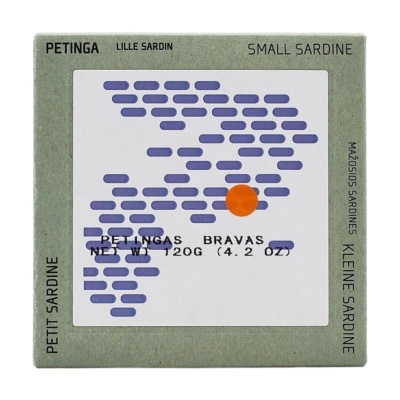 Caixa de sardinhas pequenas PETINGAS BRAVAS 120g com design minimalista e padrão azul e laranja