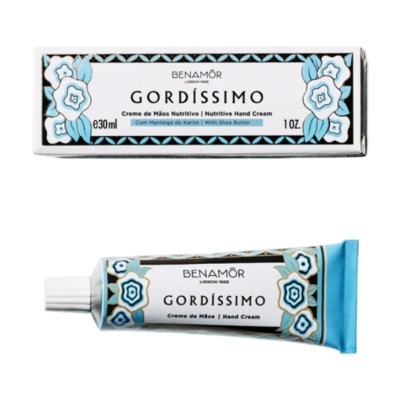 Creme de mãos BENAMÔR GORDÍSSIMO em embalagem e tubo com design floral azul e branco