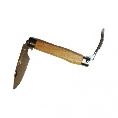 Faca multiusos com cabo de madeira e lâmina metálica com ferramenta articulada