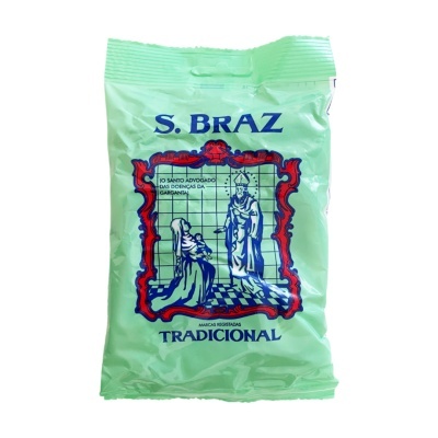 Pacote verde claro S. BRAZ com imagem e texto em azul e vermelho