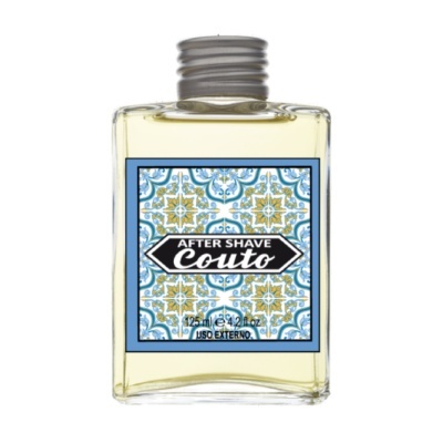 Frasco de after shave Couto com rótulo decorativo azul e amarelo