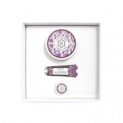 Conjunto de três produtos Jacarandá da marca Beleza em caixa branca