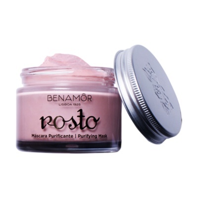 Máscara purificante rosa em pote de vidro com tampa metálica cinzenta BENAMÔR