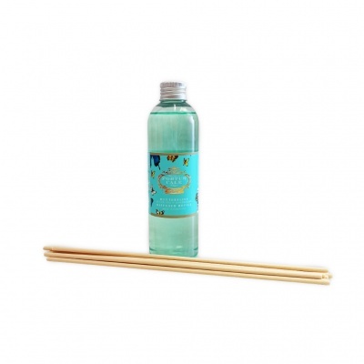 frasco de vidro com líquido azul e palitos de madeira