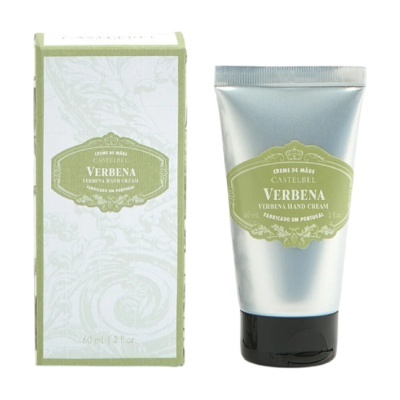 Creme de mãos Castelbel Verbena em tubo metálico e caixa branca com detalhes verdes