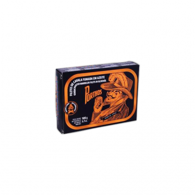 Caixa preta e laranja com texto Porthos e imagem de homem com charuto.