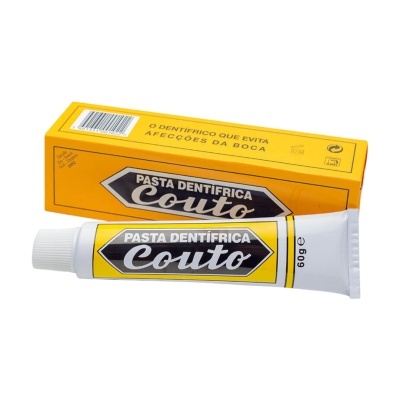 pasta dentífrica Couto em tubo branco com caixa amarela