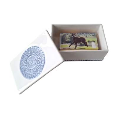 Caixa de cerâmica branca com tampa azul decorada e sabonete com imagem de cavalo