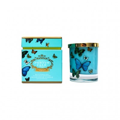 Vela perfumada azul turquesa com borboletas e tampa dourada com embalagem correspondente