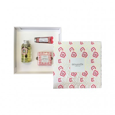 Conjunto de cosméticos Benamôr com caixa decorada e três produtos dentro