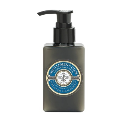 Frasco dispensador preto de bálsamo pós-barba com rótulo azul e bege