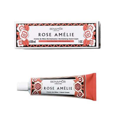 Tubo e embalagem de creme de mãos BENAMÔR ROSE AMÉLIE com padrão floral vermelho e branco