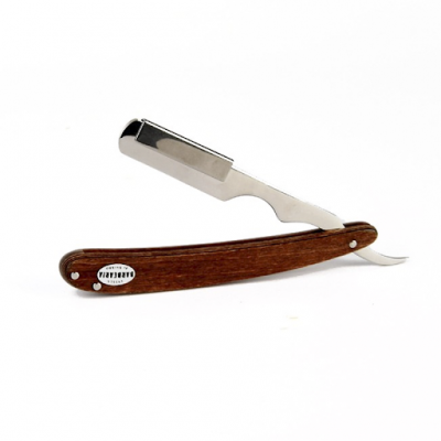 Navalha de barbear com cabo de madeira castanha e lâmina metálica prateada