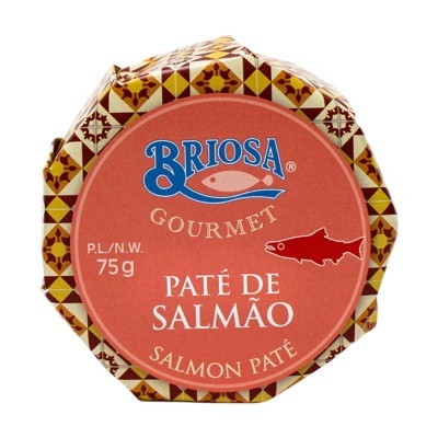 Lata de paté de salmão Briosa Gourmet 75g com rótulo vermelho e padrão geométrico