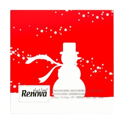 Pacote vermelho de guardanapos Renova com desenho de boneco de neve branco e estrelas