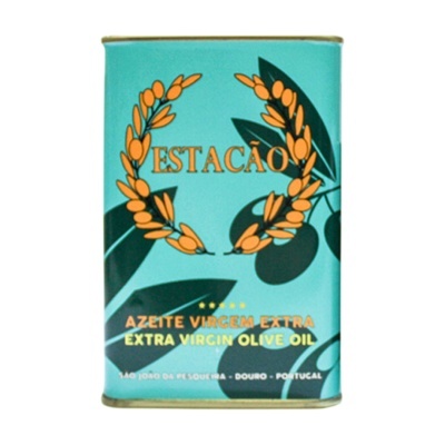 Lata de azeite virgem extra com design azul turquesa e ramos de oliveira