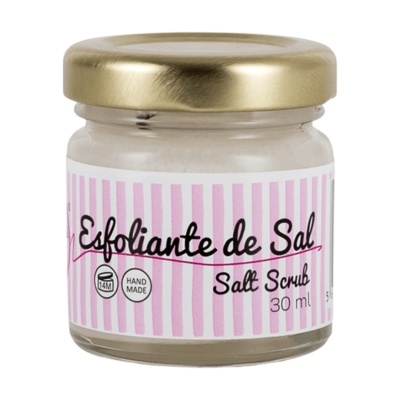Frasco de esfoliante de sal de 30 ml com tampa dourada e rótulo rosa às riscas