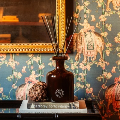 Frasco âmbar de difusor com pauzinhos em cima de livros e papel de parede com elefantes atrás