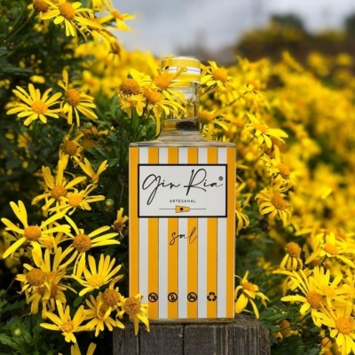 Garrafas de gin artesanais amarelas e brancas rodeadas de flores amarelas
