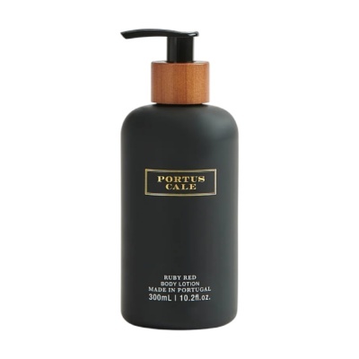 Frasco preto fosco com doseador e tampa castanho madeira da loção corporal Portus Cale Ruby Red