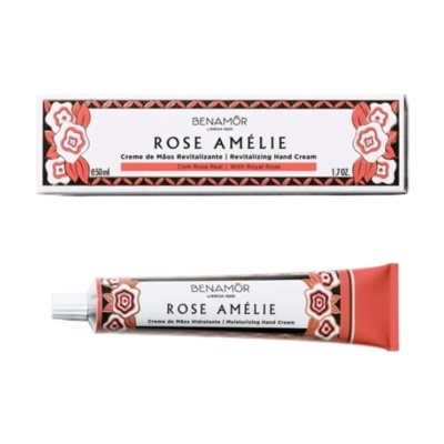 Creme de mãos Benamôr Rose Amélie com embalagem e caixa decoradas com padrões florais