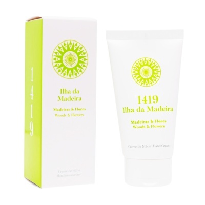 Creme de mãos Ilha da Madeira em tubo branco e caixa branca e verde-limão com texto amarelo