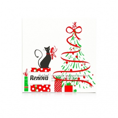 Guardanapo de papel com design natalício, gato preto e presentes coloridos