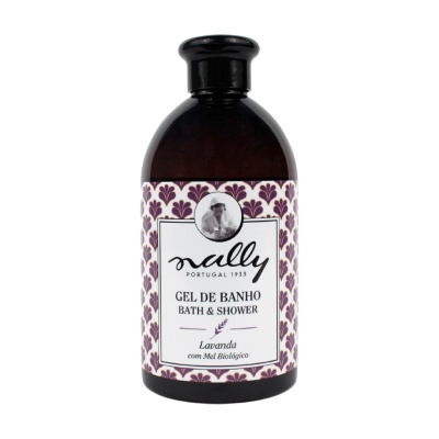 Frasco de gel de banho Nally Lavanda com Mel Biológico, rótulo decorado em roxo e branco.