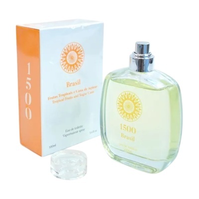 Frasco e caixa de perfume 1500 Brasil com texto e símbolo branco e laranja