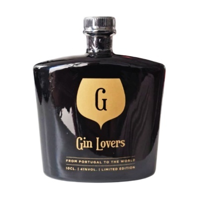 Garrafa preta de gin com rótulo dourado Gin Lovers