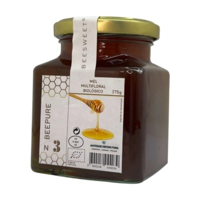 Frasco de vidro com mel multifloral biológico Beesweet
