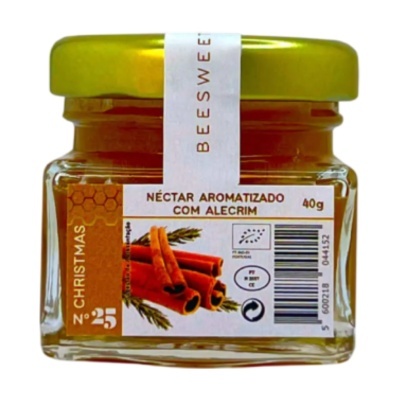 Frasco de néctar aromatizado com alecrim 40g com rótulo com desenho de canela e alecrim