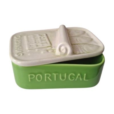Caixa de cerâmica para conserva de sardinhas com tampa branca e base verde