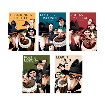 Cinco capas de livros com ilustrações de pessoas vestindo roupas antigas e títulos em diferentes idiomas.