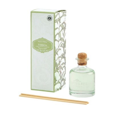 Difusor de fragrância Verbena CASTELBEL com garrafa de vidro, tampa de cortiça, caixa decorada e varetas de madeira