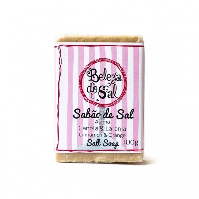 Sabão de sal Beleza do Sal com aroma Canela e Laranja em embalagem rosa e branca listrada