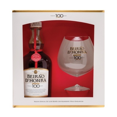 Conjunto licor Beirão DHonra com garrafa e copo em caixa branca e vermelha