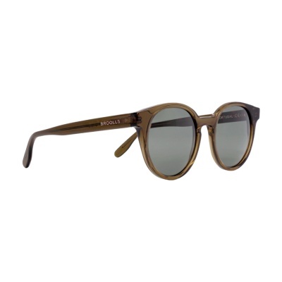 Óculos de sol com armação castanha translúcida redonda e lentes cinzentas.