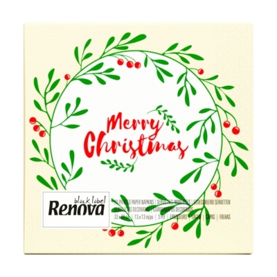 Guardanapos papel Renova Natal Merry Christmas com ramos verdes e frutos vermelhos