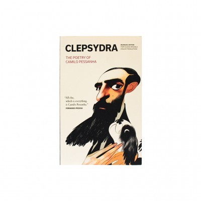 Livro CLEPSYDRA com ilustração de homem de barba e cão na capa