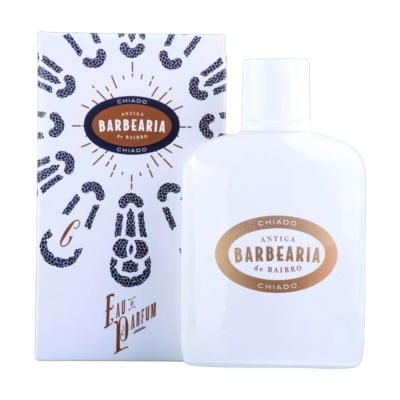 Frasco branco e caixa de perfume Antiga Barbearia de Bairro Chiado