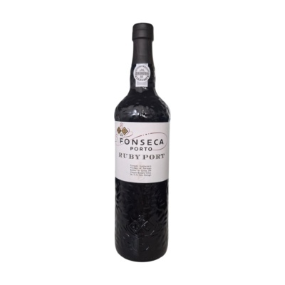 Garrafa de vinho do Porto Fonseca Ruby com rótulo branco e selo no gargalo