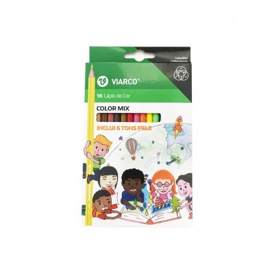 Estojo de 16 lápis de cor Viarco Color Mix com ilustração de crianças e cores variadas